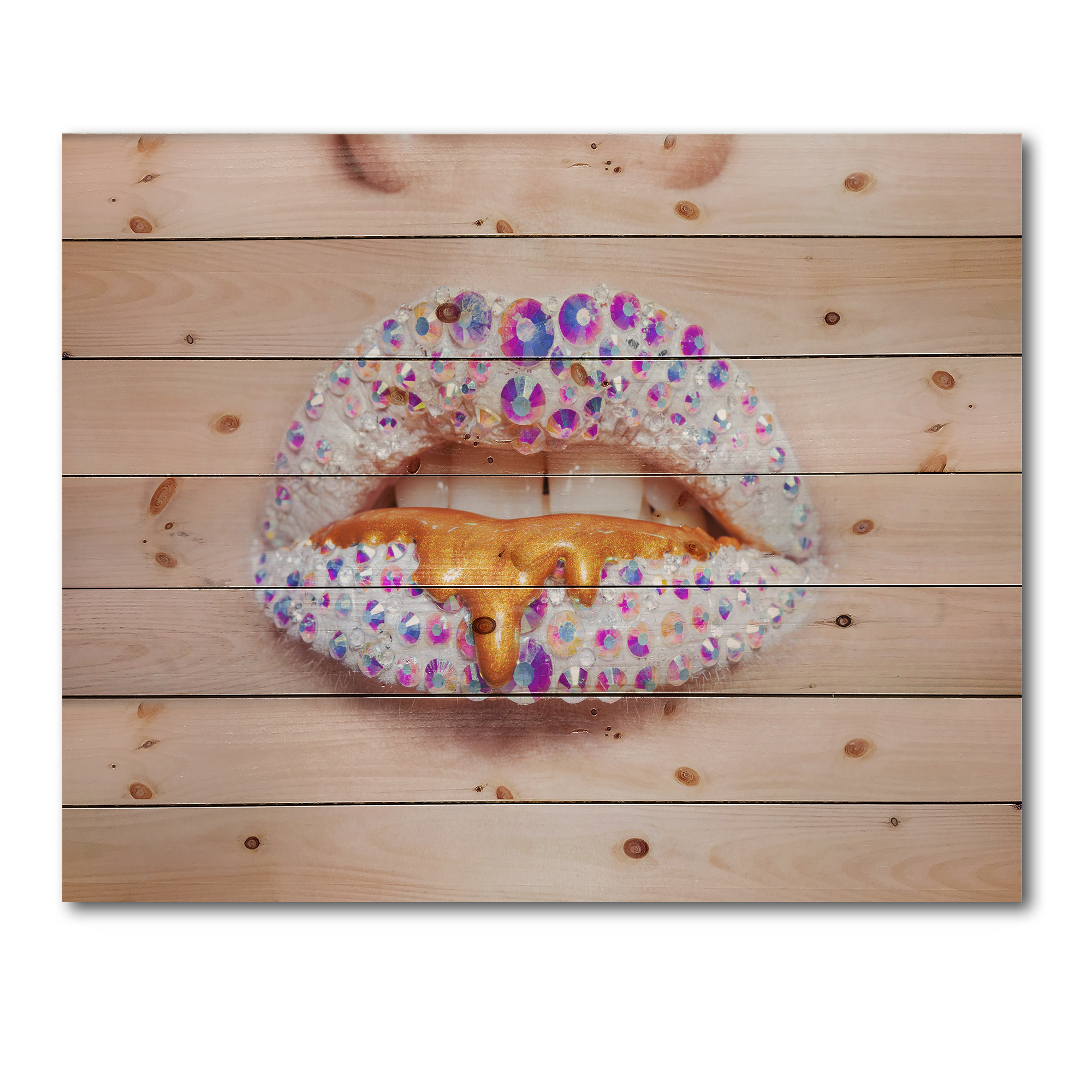 Designart 'Shining Woman Lips Covered With Rhinestones and Smudges' Modern Print on Natural Pine Wood