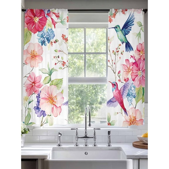Colorful Hummingbird Sheer Curtains for Living Room Bedroom Spring Pink Flowers Branch Sheer Curtains 72 Inch Long 2 Panels Set Light Filtering Curtain Window Treatments Drapes for Dining Room