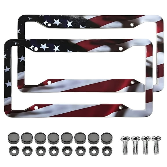 2 Pack American Flag License Frames Cover, Universal Aluminum Matte Patriotic License Plate Frame Holder