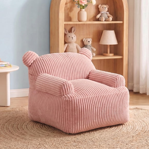 EYYTHUNG Bean Bag Chair for Kids, Small Modern Bean Bag Sofa with Pocket, Soft Bear-Shaped Design Couch, Reading Seat with Arm for Gaming, Reading, Lounging, Pink