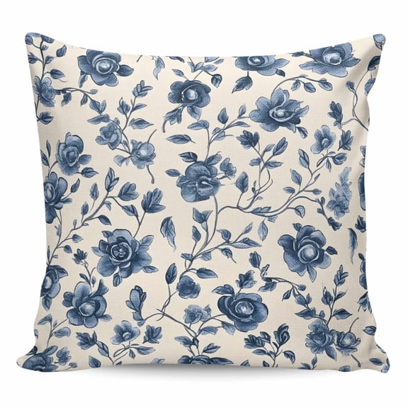 Throw Pillow Covers 24x24 Inch, Navy Blue Floral Decorative Pillow Cases for Couch Sofa Bed, Spring Vintage Blossom Botanical Cotton Linen Square Home Decor Pillowcases with Hidden Zipper