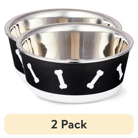 (2 pack) Vibrant Life Medium Stainless Steel Bowl for Dogs, Black, 24 fl oz