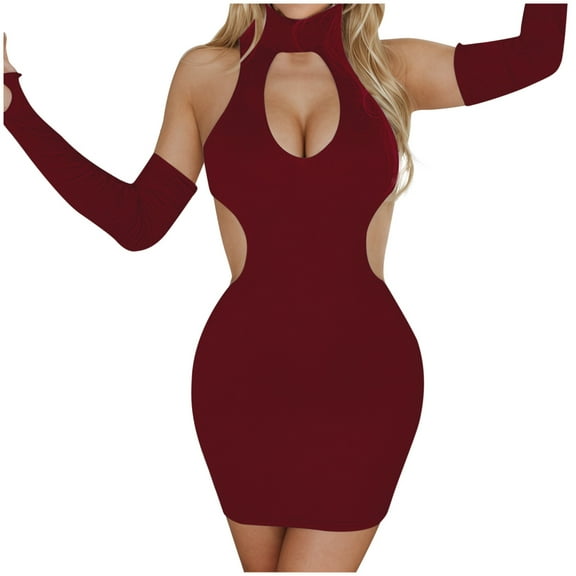 Women Sexy Backless Wrap Dress Hollow Round Neck Tight Club Night Out Bodycon Mini Skirt Party Evening