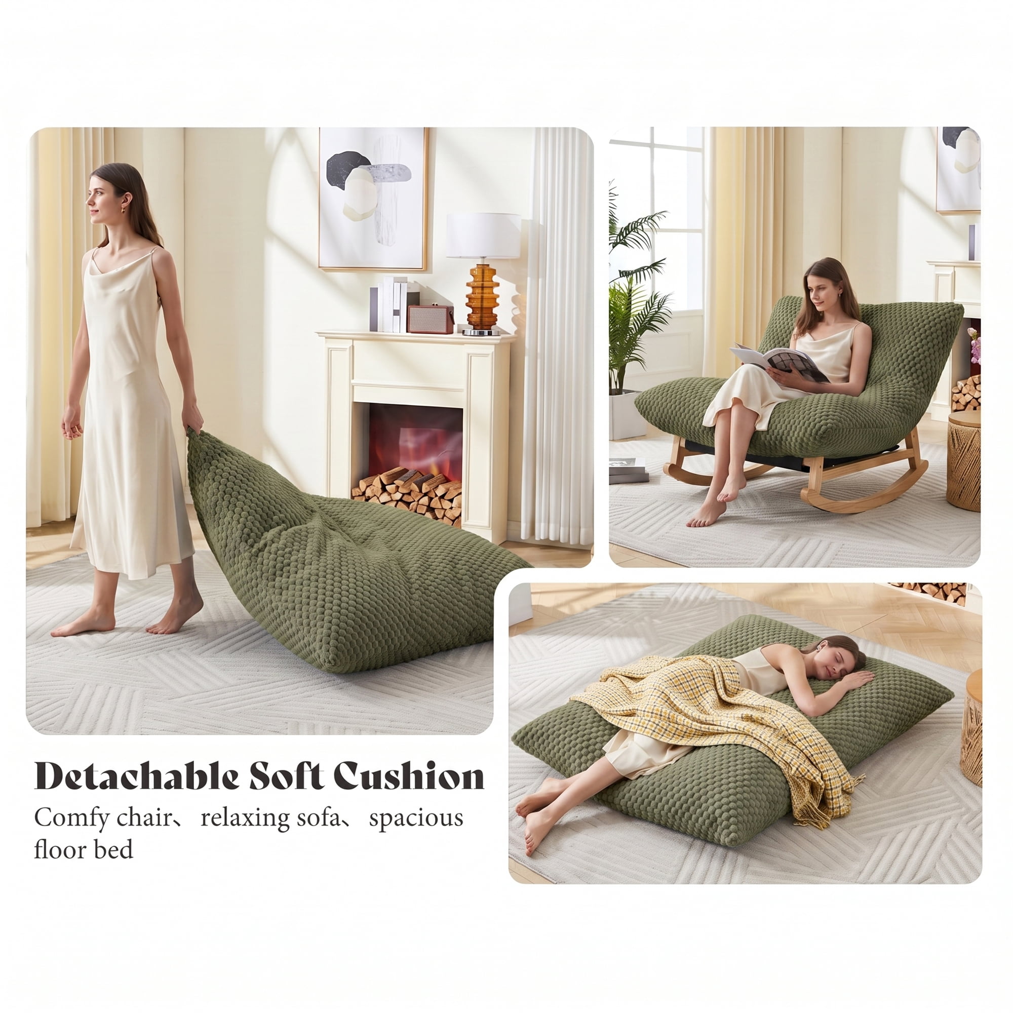 Aukfa 41" Oversized Wooden Rock & Chaise Lounge, 3 in 1 Convertible Glider Sofa Chair for Living Room Bedroom, Plush Cushion, Corduroy, Green