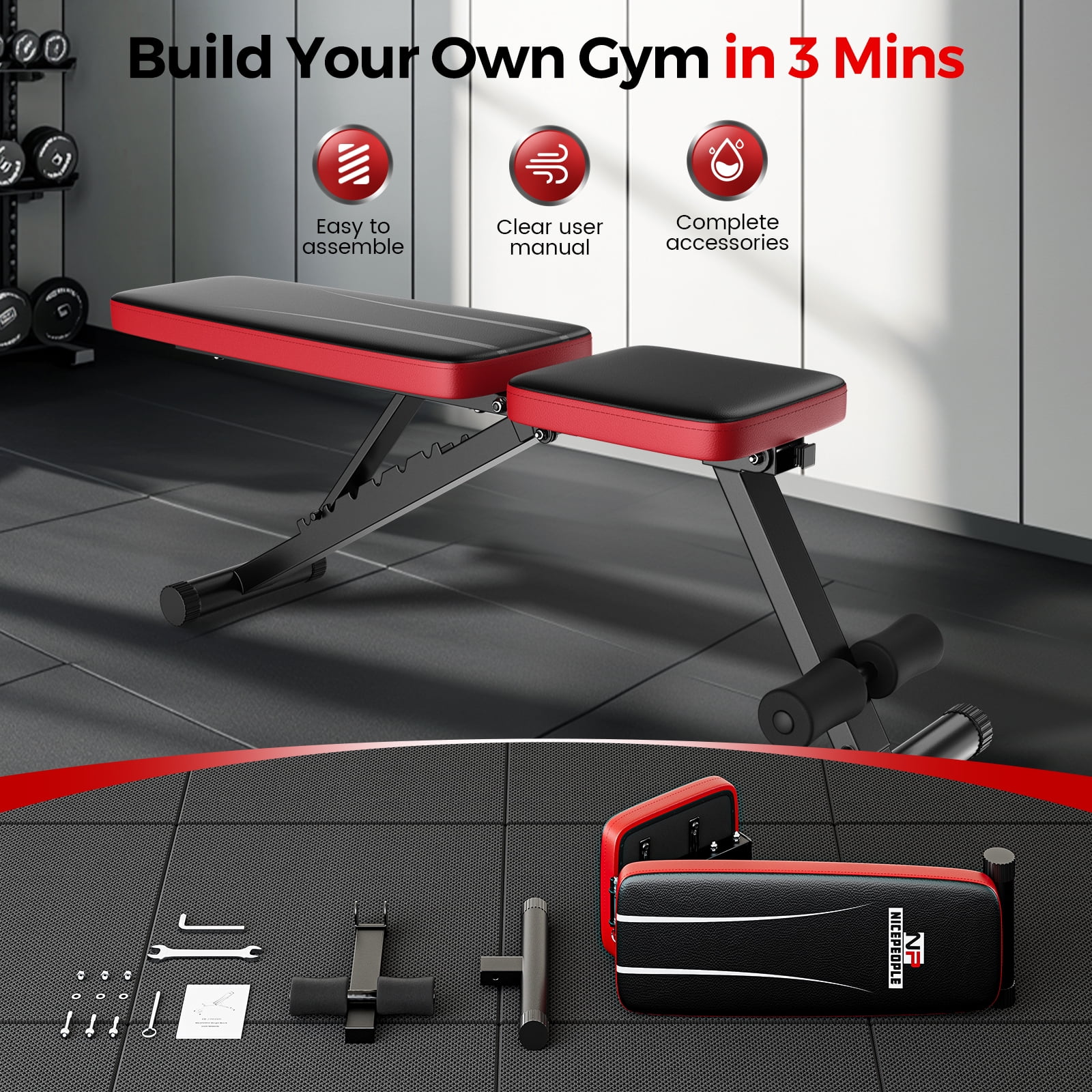 NICEPEOPLE Adjustable Weight Bench for Home Gym, Foldable Workout Bench with 8 Backrests and 660LBS Weight Capacity