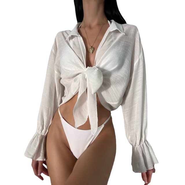 Mujeres Bikini Encubrimientos Camisa de protección solar de algodón flameado de manga larga para playa para mujer Cgtredaw Para estrenar