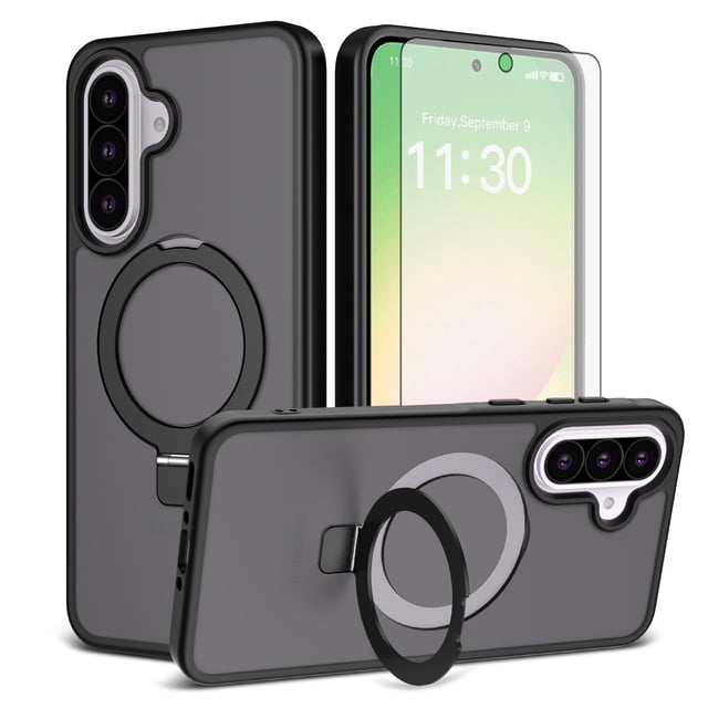 Asuwish Phone Case for Samsung Galaxy A37 5G Tempered Glass Screen Protector Magnetic Folding Stand Frosted Translucent Rugged Shockproof Protective Cell Cover A 37 37A LTE Women Men Black