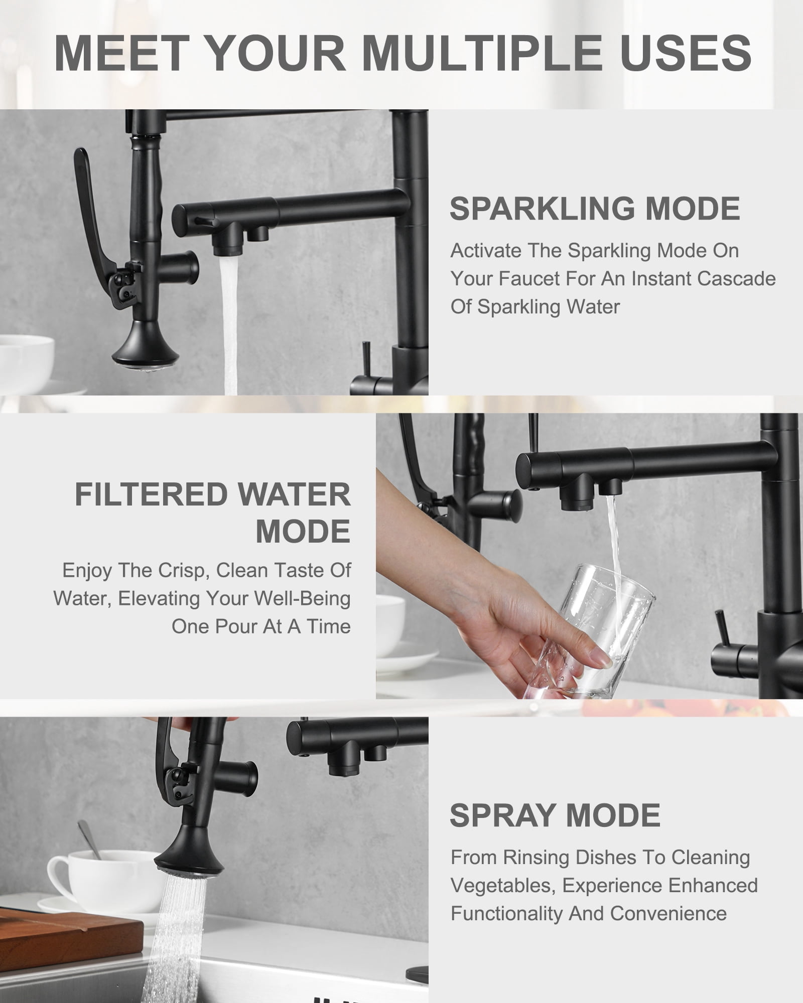 WOWOW Double-Handles Pull Down Sprayer Kitchen Faucet with Drinking Water for 1 or 3 Hole in Solid Brass in Brushed Nickel