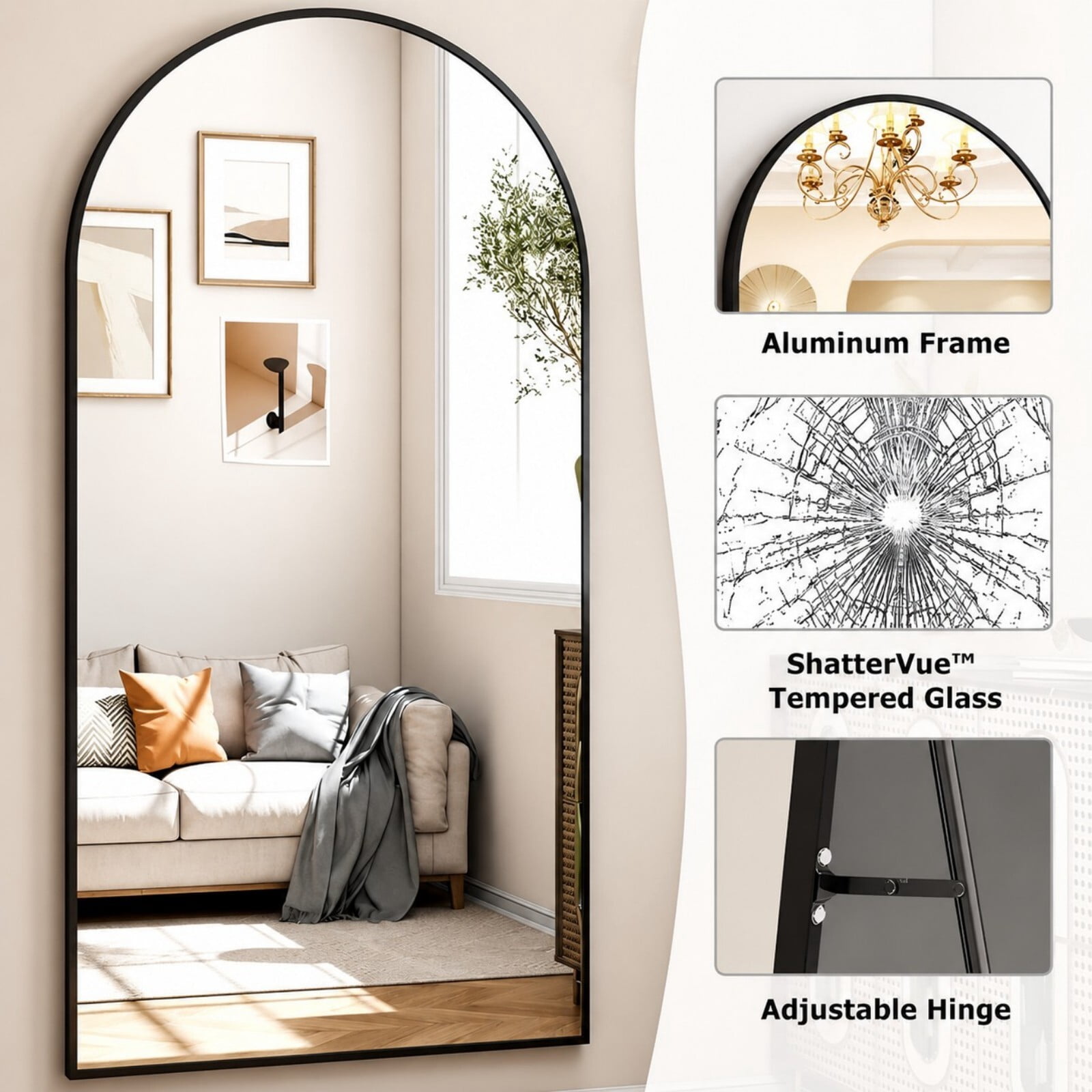 Mirrasia 76.3" x 34" Arched Full Length Mirror Full Body Oversize Mirror Wall Mounted, Black