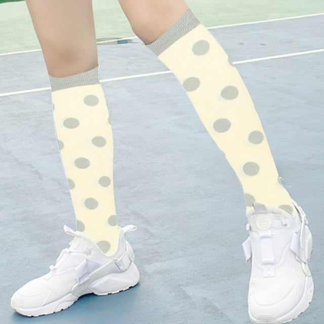 Chaussettes de Compression 20-30mmhg Longueur Genou pour Cyclisme Unisexe, Beige, Point, L/TG