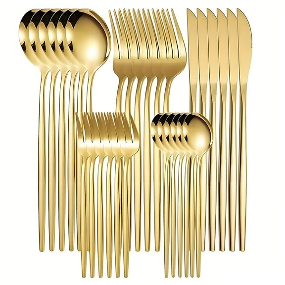 Mirror Gold Silverware Set 30-Piece, Stainless Steel Flatware Service for 6, Unique Utensils Set with Long Fork and Spoon Teaspoon, Mirror Gold Flatware Set, Cutlery for Home Party Kitchen