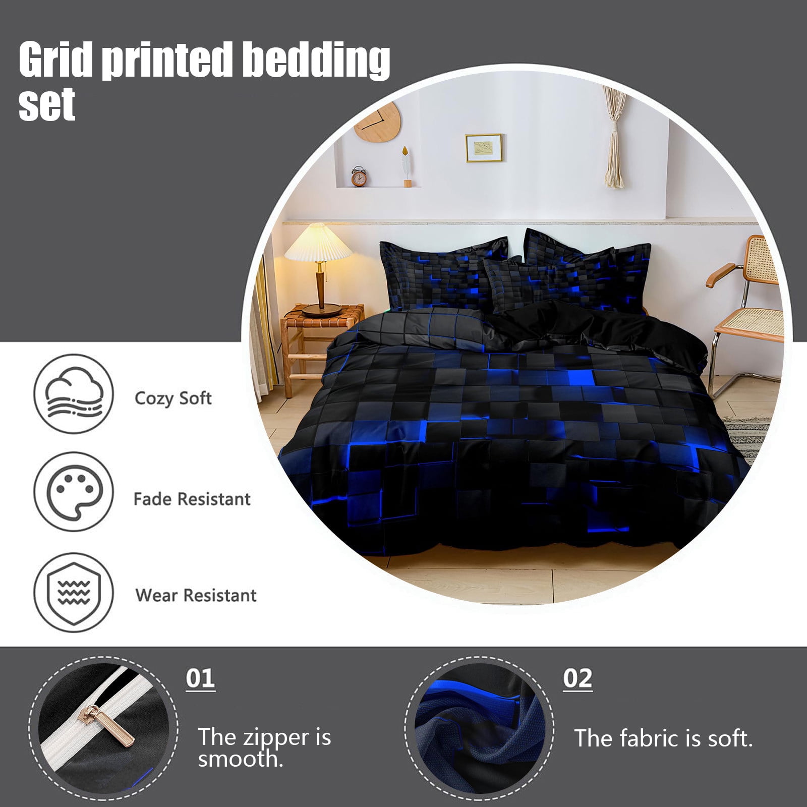 Taotanxi Blue and Black 3-Piece Full Size Light Geometric Comforter Set for Kids Boys Girls Geometry Decor Comforter Modern Style Duvet Set,x1 Quilt Cover, x2 Pillowcases