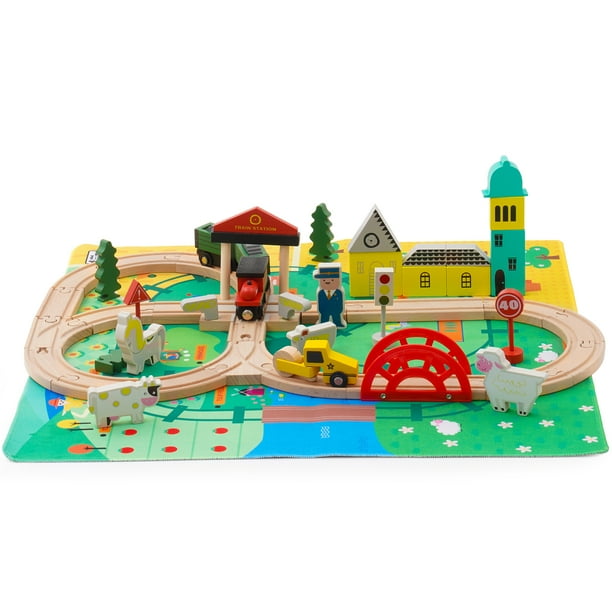 Wooden Train Set with Train Track and Bridge Ramp, Farm theme