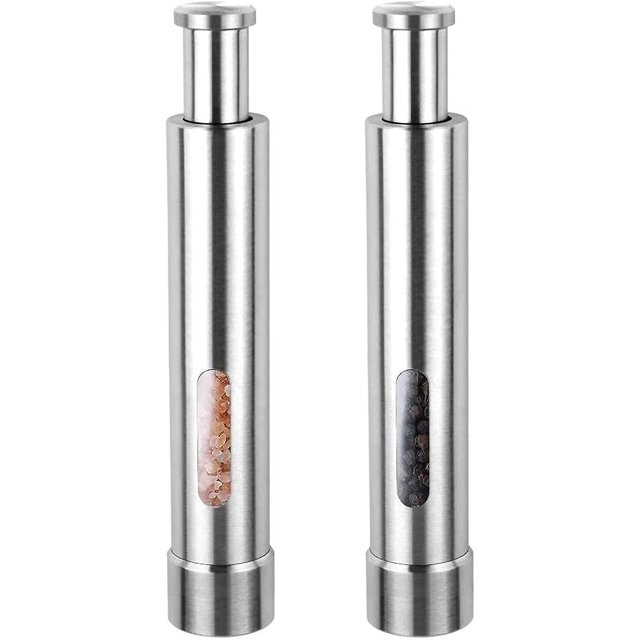 Lindo molinillo de pimienta de acero inoxidable, minimolinillo de mano con pulsador para una mano, utilizado para molinillos de pimienta, sal marina, especias y condimentos de mesa