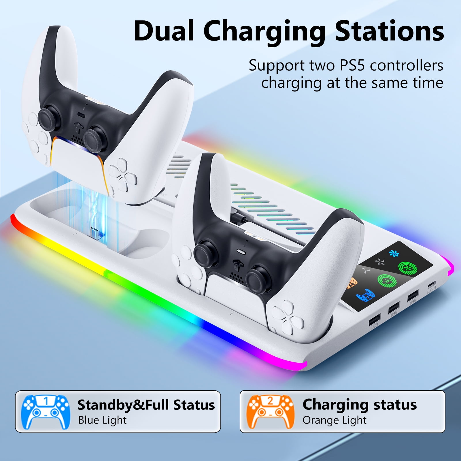 BRHE PS5/PS5 Slim/PS5 Pro Cooling & Charging Station ,PS5/ PS5 Slim/PS5 Pro Stand for Disc & Digital Console,PS5 Controller Charger,PS5 Accessories with 3 Charging Ports,Headset Holder (White)
