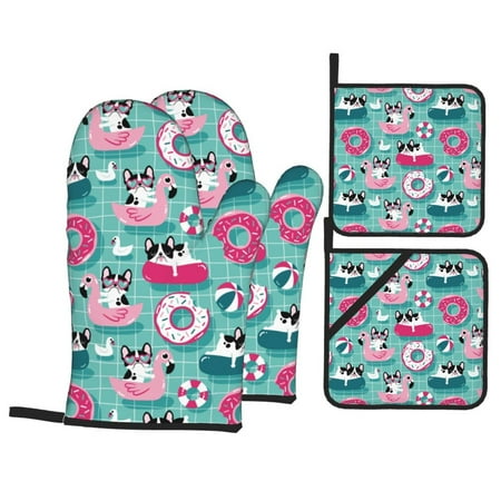 

Oven Mitts and Pot Holders Sets 4 pcs - Dogs With Swimming Heat Resistant Silicone Oven Gloves with Non-Slip Silicone Surface and hot pads for kitchen Baking Cooking BBQ