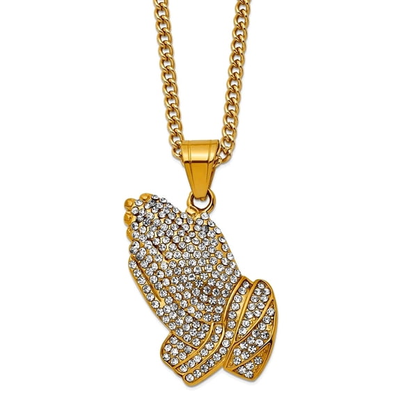 38mm Stainless Steel Polished Yellow Ip Plated With Crystal Praying Hands Pendant a Curb Chain Necklace 24 Inch Chain Ne