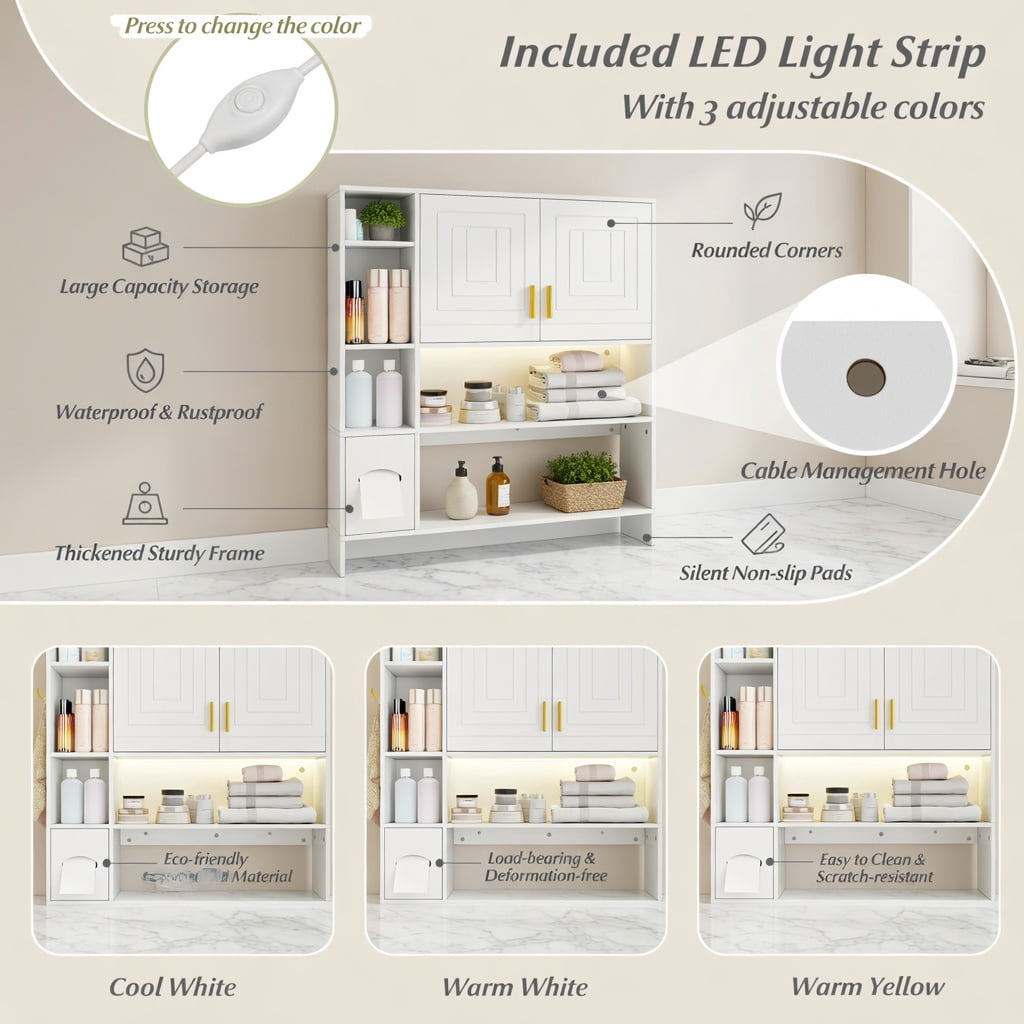 Hommoo Over-the-Toilet Storage Cabinet with LED Lighting, Adjustable Shelves & Wall-Mount Safety Kit, Freestanding Bathroom Organizer, White