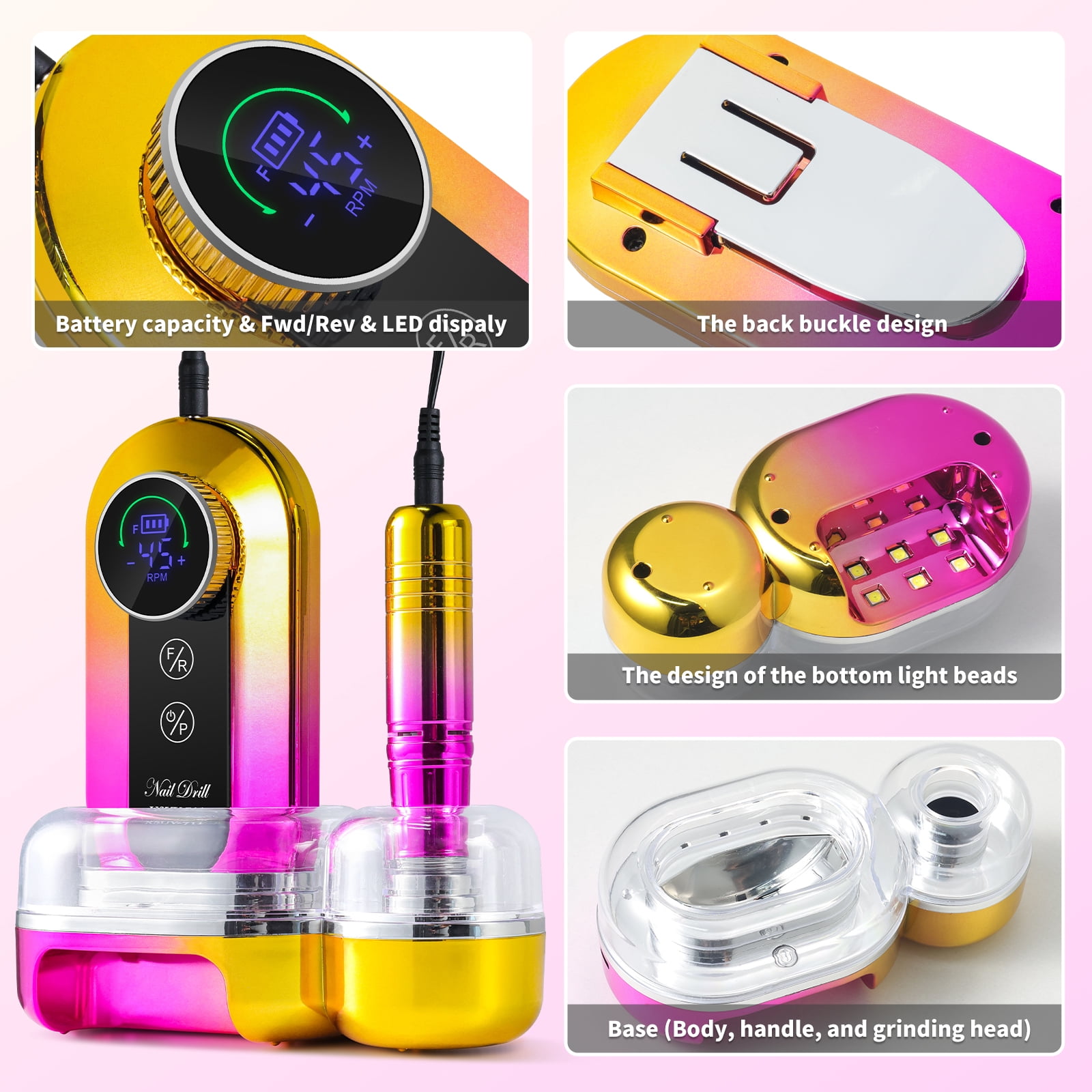 Limegirl Electric Nail Drill Kit 45000RPM Cordless Nail Drill with 11 Drill Bits, Rechargeable Nail E-File for Acrylic Gel Polishing Removing, Nail File Machine for Manicure Salon Home