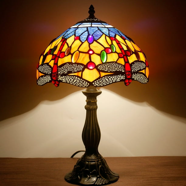 Tiffany Lamp Stained Glass Bedside Table Lamp Orange Blue Dragonfly