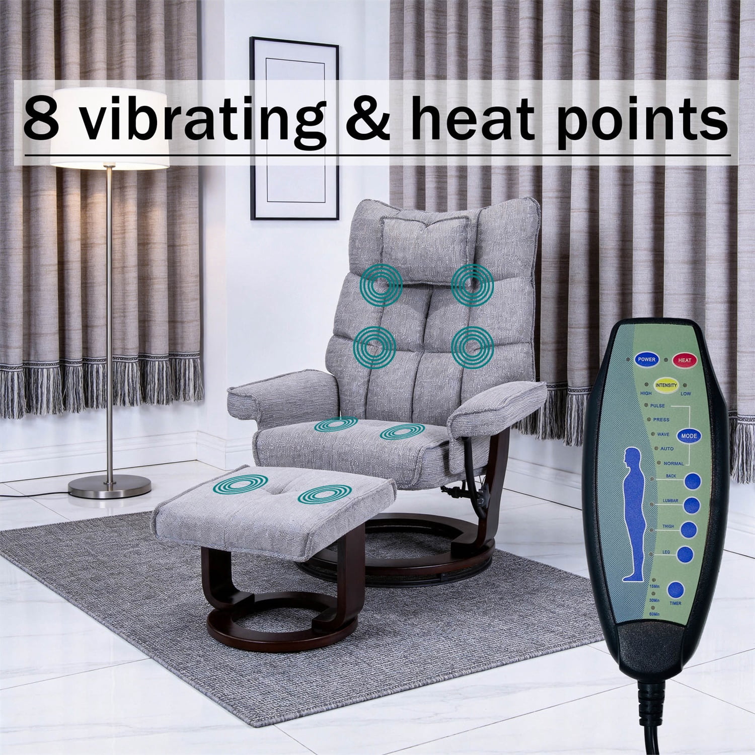 Hommoo 8-Point Massage Recliner with Ottoman, Heated Chenille Fabric Reclining Chair, Bent Wood Base, Indoor Lounge TV Armchair with Footrest, Grey