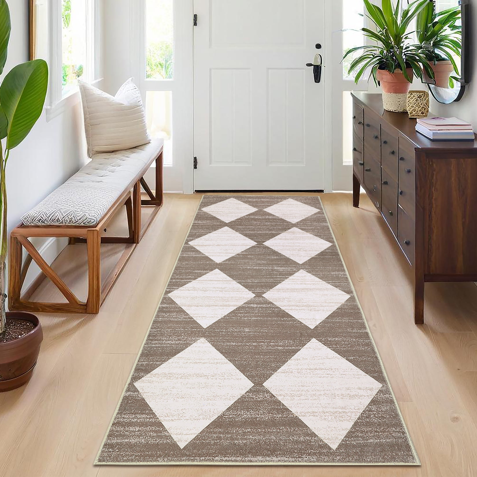 Garvee 2'x6' Geometric Diamond Runner Rug, Machine Washable Rug Stain Resistant Indoor Carpet With Non-Slip Backing, Soft Low Pile Rug for Hallway Bedroom Laundry, Brown