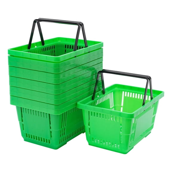 12 Pcs 7.4Gal Portable Shopping Baskets 28L Plastic Shopping Baskets, Grocery Basket for Supermarket Retail Shop Book Store Laundry, 18.9x13x10.2 Inch (Green)