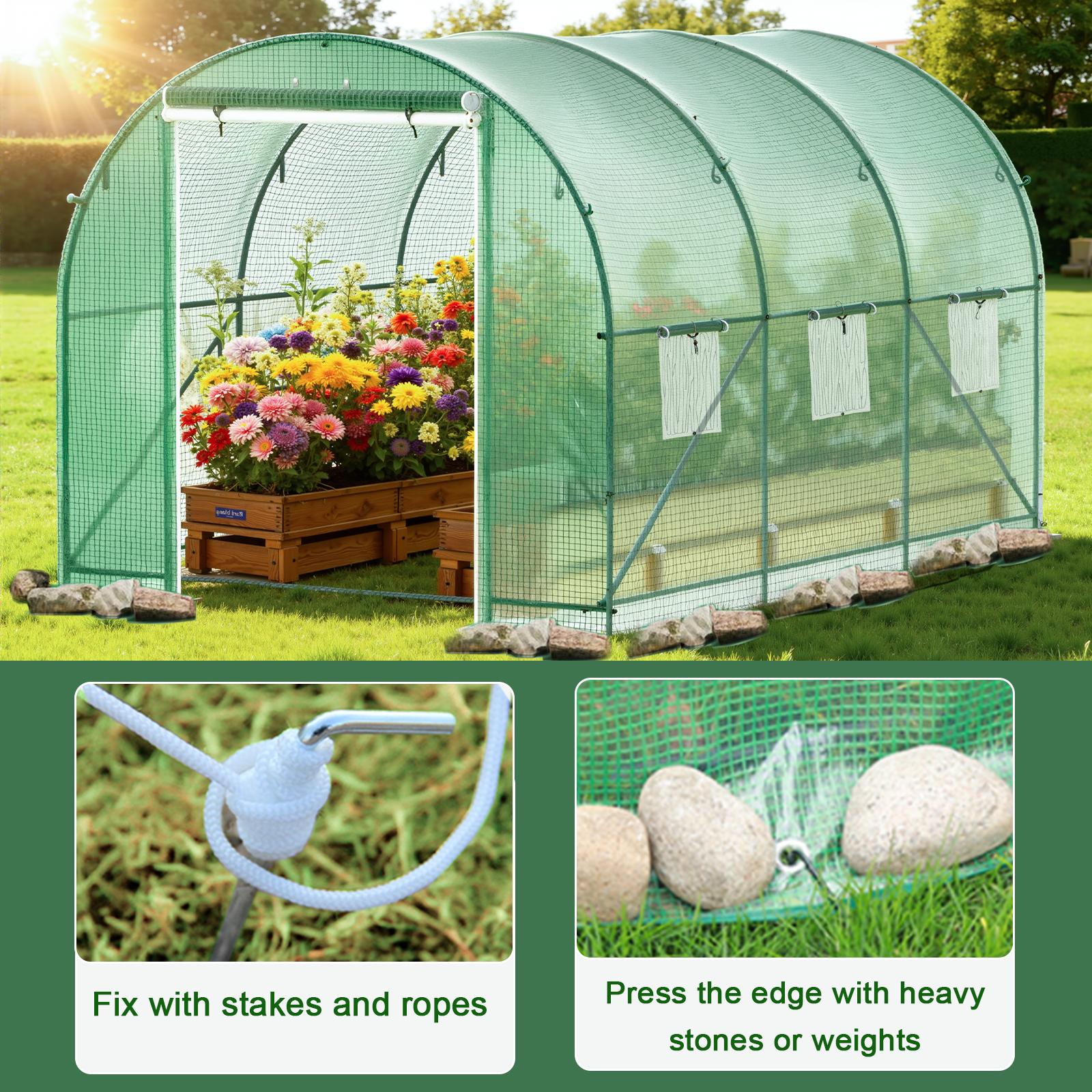 TANGJEAMER Greenhouse with Watering System, Large Walk-in Greenhouse Reinforced Metal Frame, 6 Screen Windows and 1 Door, Green House Irrigation Watering Kit for Garden Plants Flowers 11.5x6.5x6.5FT