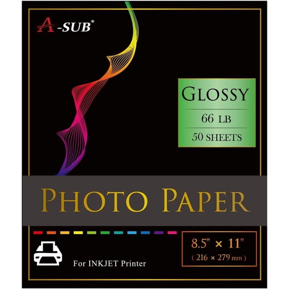 A-SUB Premium Glossy Inkjet Photo Paper, 8.5 x 11 in, 50 Sheets, 66lb / 250gsm Photographic Paper for Inkjet Printers, Epson, Canon, HP