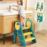 Gimars Upgrade Triple Stability Foldable Adjustable 2 Steps to 3 Steps Toddler Step Stool for Bathroom Sink, Step Stools for Kids with 6 Non-slip Pads,Handles for Toilet Potty Training,Kitchen Counter