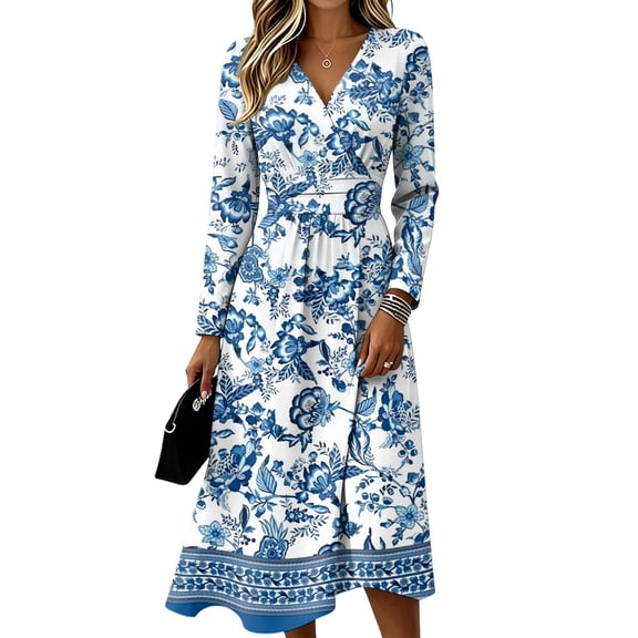 Fall Dresses for Women V Neck Vintage Long Sleeve Work Casual Dress Maxi Dress for Wedding Guest, Graduation, Party