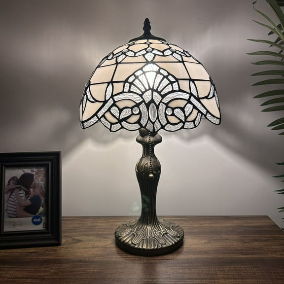 Tiffany Table Lamp White Stained Glass Baroque Style Lavender LED Bulb Included Bedroom Living Room Hotel Office Vintage 12"W*19"H