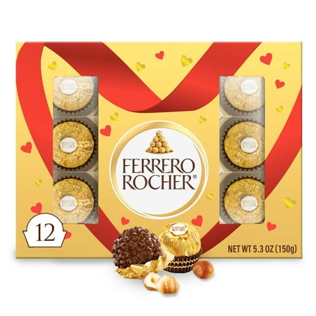 Ferrero Rocher Gourmet Hazelnut Milk Chocolate Valentine’s Day Gift Box, 12 Individually Wrapped Chocolates for Gifting, 5.3 oz