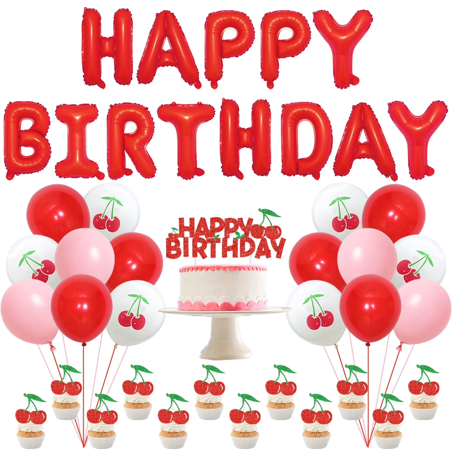 Cherry Birthday Party Decorations, Cherry Printed Balloons Glitter