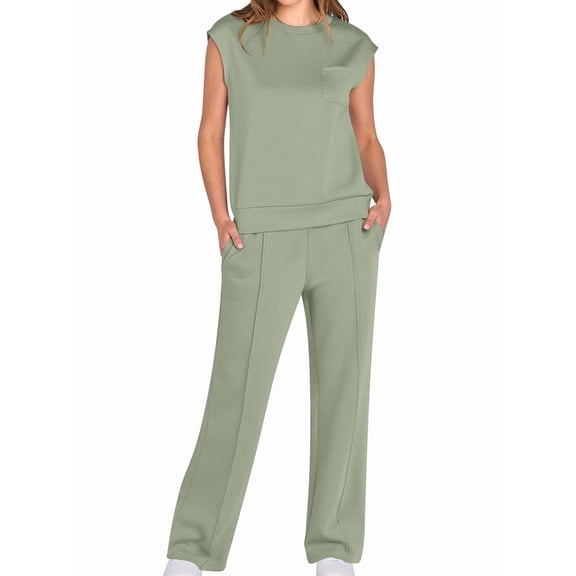 Women'S Two-Piece Casual Suit, Stand-Up Collar Top, Wide-Leg Pants, Vacation Travel Wear Light Green M