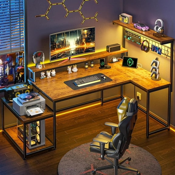 L Shaped Gaming Desk with Shelves & Hooks,63.5" Reversible Corner Gaming Table with LED Lights & Power Outlets,Computer Desk with storage & Monitor Stand & Print Stand for Home Office,Rustic Brown