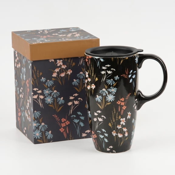 Topadorn Tall Ceramic Mugs 17 oz. Coffee Cups Sealed Lid Mug with Color Box, Flowers