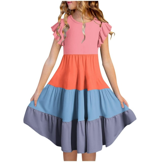 NTACZA Robe Fille à Blocs de Couleur Midi à Volants Robe d'Anniversaire Col Ras du Cou Fluide Ligne A Robe d'Été Préado 5 Ans