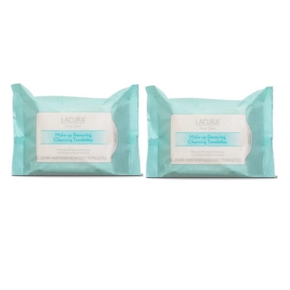 Lacura Face Care Toallitas limpiadoras desmaquillantes 7,4 x 7,2 pulgadas 18,8 x 18,3 cm 25 ct (dos bolsas)