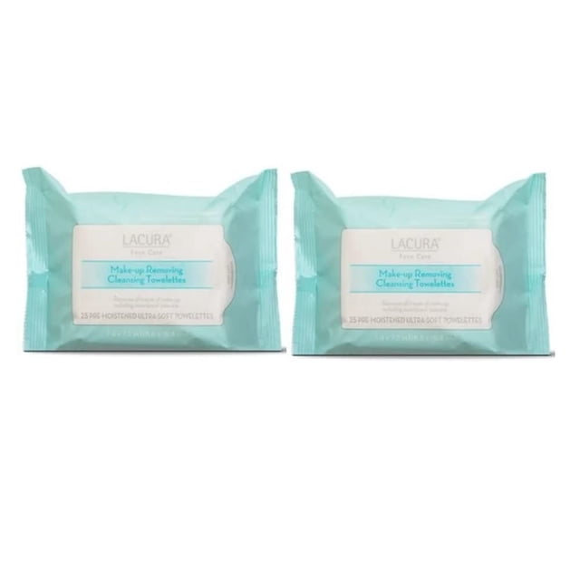 Lacura Face Care Toallitas limpiadoras desmaquillantes 7,4 x 7,2 pulgadas 18,8 x 18,3 cm 25 ct (dos bolsas)