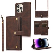 Feishell Crossbody Wallet Case for Apple iPhone 13 Pro 6.1 inch,for Women Men,Retro PU Leather Magnetic Button Flip Stand Credit Card Holder Phone Case with Adjustable Shoulder Strap,Brown