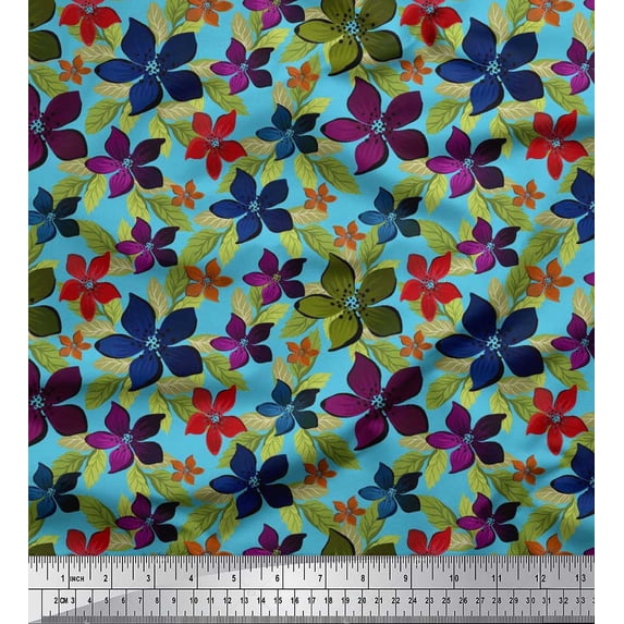 Soimoi Satin Silk Fabric Leaves & Floral Artistic Print Sewing Fabric Yard 42 Inch Wide