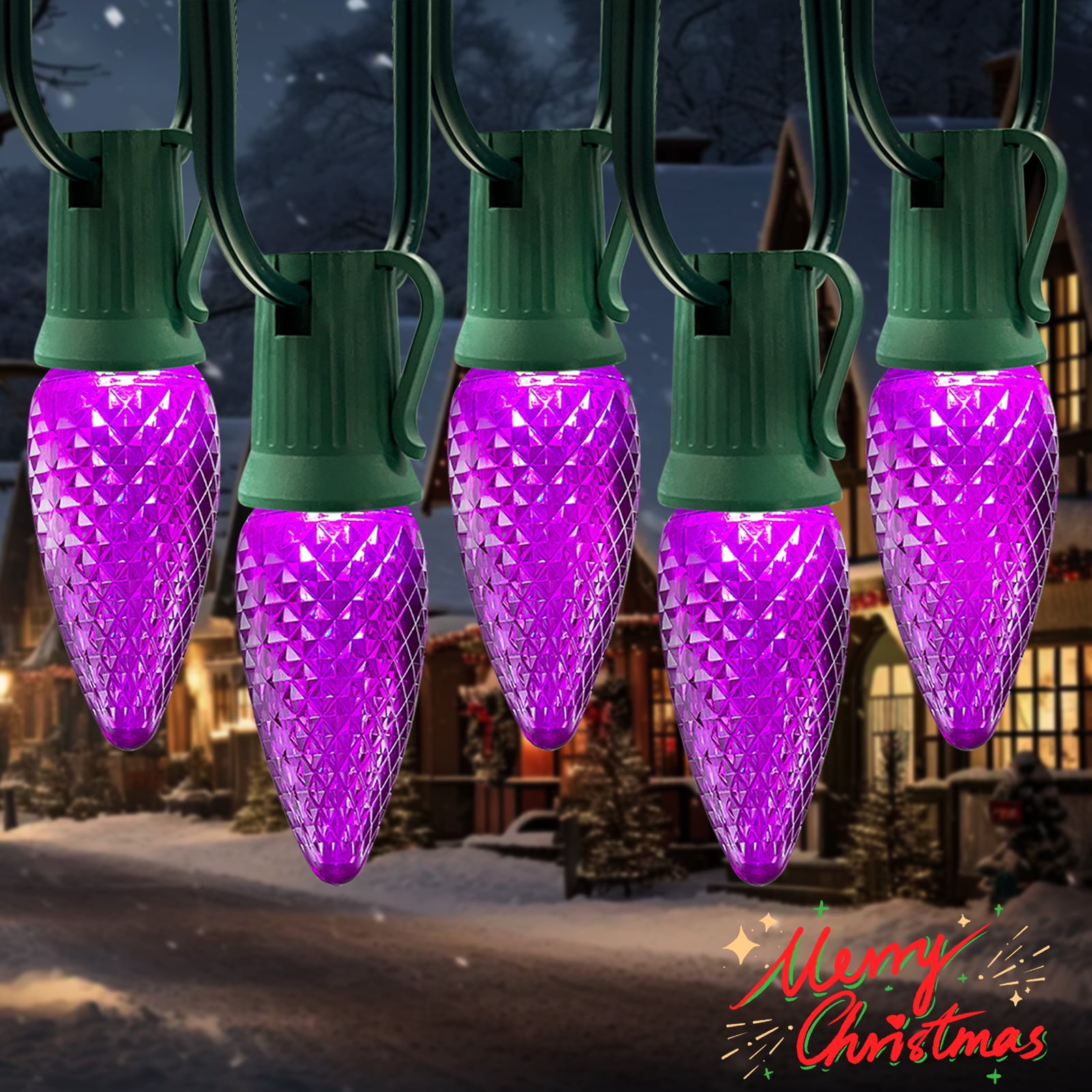 LAMPHOME Purple C9 Christmas String Light Outdoor, 25FT Shatterproof LED for House Rooflines & Pathways, Connectable Waterproof Vintage Christmas Light for Tree, Yard, Patio, Porch, Garden