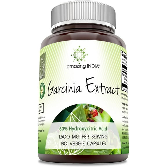 Amazing India Garcinia Cambogia 1500 mg 180 Vegetarian Capsules Supplement | Contains 60% Hydroxycitric Acid| Non-GMO | Gluten-Free | Made in USA | Suitable for Vegetarian