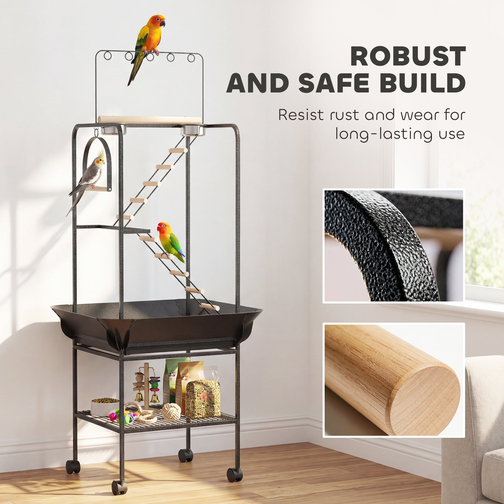 PawHut 64"H Rolling Bird Stand Parrot Playstand with Seed Guard & Wheels, Ladders, Swing, Toy Hook & Bowls, for Cockatiels, Conures, Parakeets