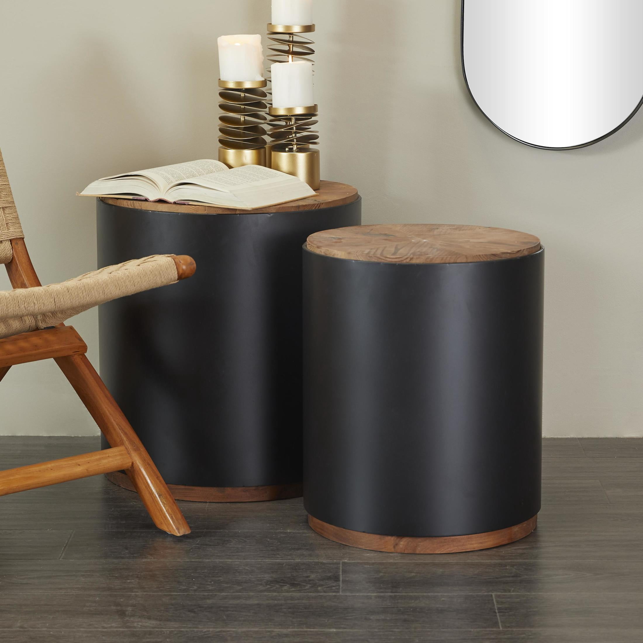 DecMode 19" x 21" Black Metal Drum Accent Table with Brown Wood Top, 2-Pieces