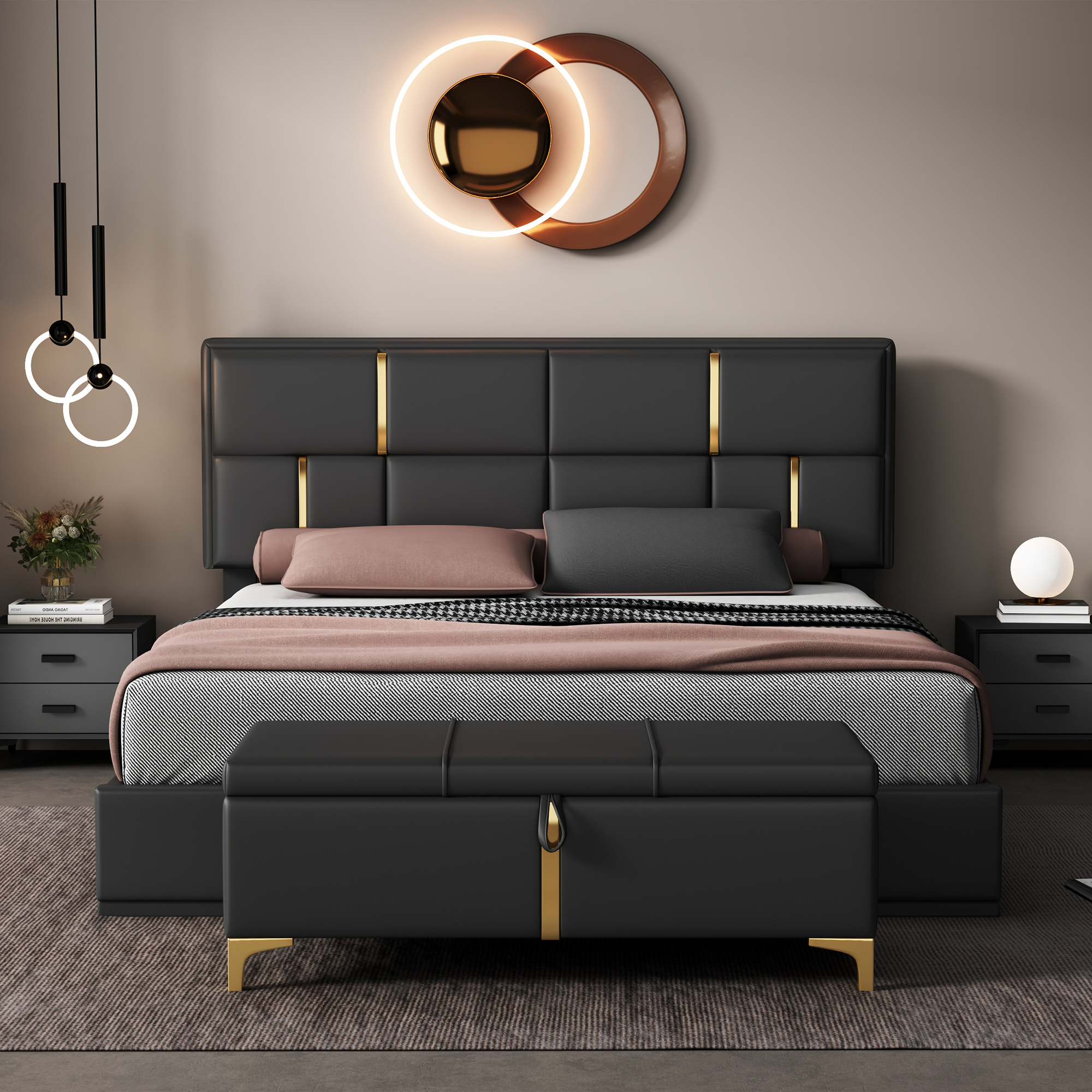 Euroco Upholstered 2 Pieces Bedroom Furniture Set, Queen Size Platform Bed with Hydraulic Storage System and Storage Ottoman, Black