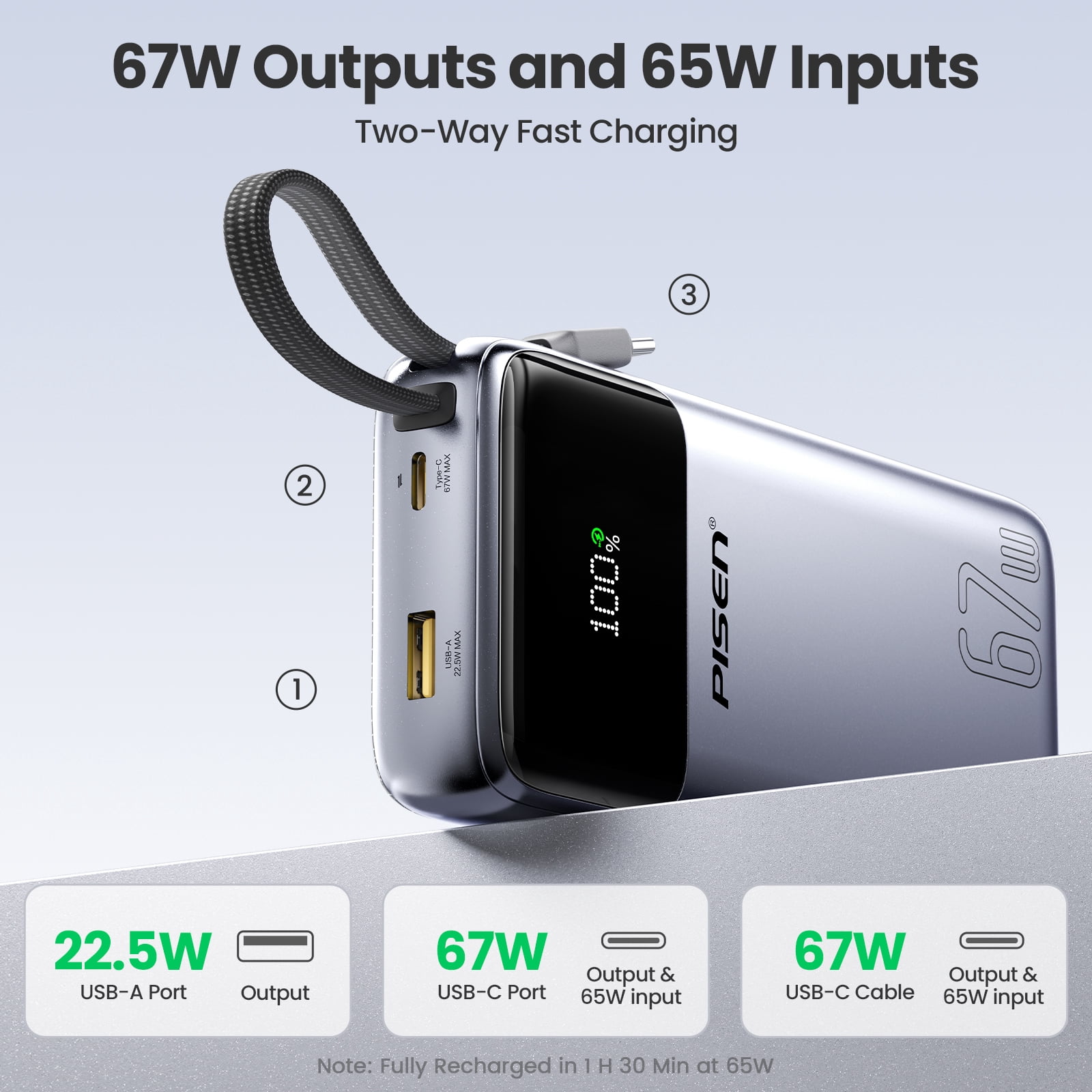 PISEN 3C Certified Power Bank - 20000mAh 67W Power Bank with Built in Cable,Travel Battery Pack Portable 3C Charger with LED Display, Portable Charger with Built in Cable for iPhone, Samsung and More