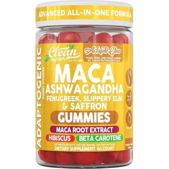 Clean Nutra Adaptogenic Gummies with Maca, Ashwagandha, Fenugreek, Slippery Elm & Saffron - Premium Adaptogen Gummy Supplement - 60 Count - Advanced Herbal Formula for Daily Wellness Routine