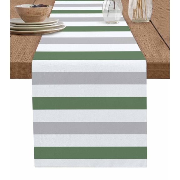 ERUNPONLY Geometric Grey Table Runner - 36 Inch Long Sage Green White Striped Minimalist Cotton and Linen Blended Dress Scarves Farmhouse Table Runner for Kitchen Dining, Coffee Table, 13"x36"